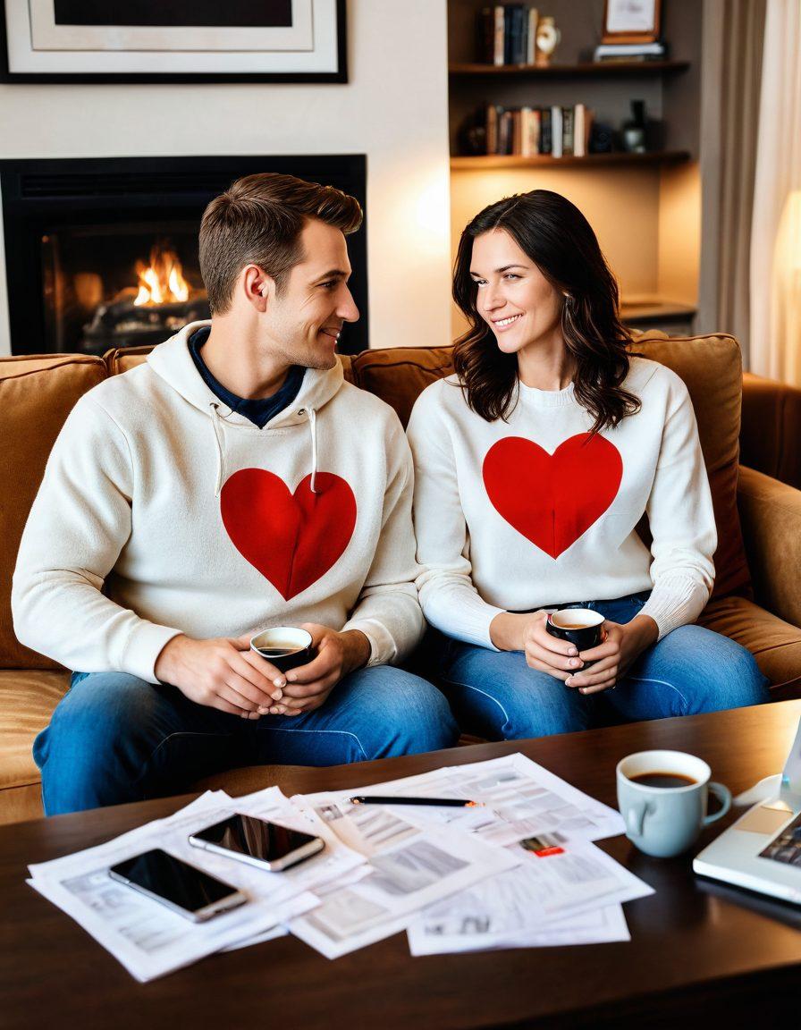 A cozy and loving couple sitting together on a plush couch, surrounded by various insurance documents, a heart-shaped shield symbol hovering above them. The atmosphere is warm, with soft lighting and personal touches like family photos in the background. Elements like a calculator, a cup of coffee, and a laptop showing graphs represent financial planning. A gentle aura reflects security and unity. super-realistic. warm tones. cozy interior.