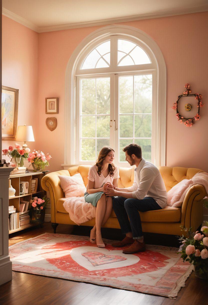 A warm, inviting scene depicting a couple in a cozy living room, surrounded by symbols of love and protection such as a heart-shaped shield, a safe, and blossoming flowers. The couple is engaged in a loving conversation, showcasing their bond and commitment, while a glowing light represents hope and security for the future. Soft pastel colors enhance the emotional warmth. painting. vibrant colors. intimate setting.